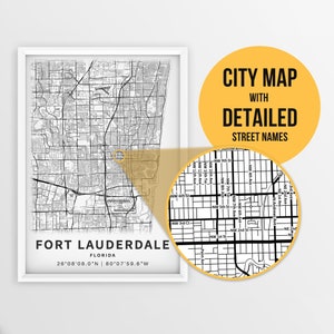 Afdrukbare kaart van Fort Lauderdale, Florida, VS met straatnamen - Instant Download \ Stadsplattegrond \ Reiscadeau \ Stadsposter \ Routekaart afdrukken