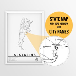 Mapa da Argentina para impressão com nomes de cidades e estradas - Download instantâneo \ Mapa do país \ Arte do mapa \ Push Pin \ Planejador de viagens \ Presente da Argentina