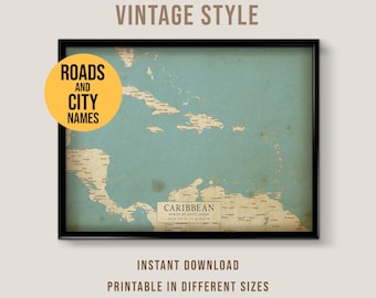 Caribbean Vintage Style Map, Printable Nautical Map Poster (Instant Download)