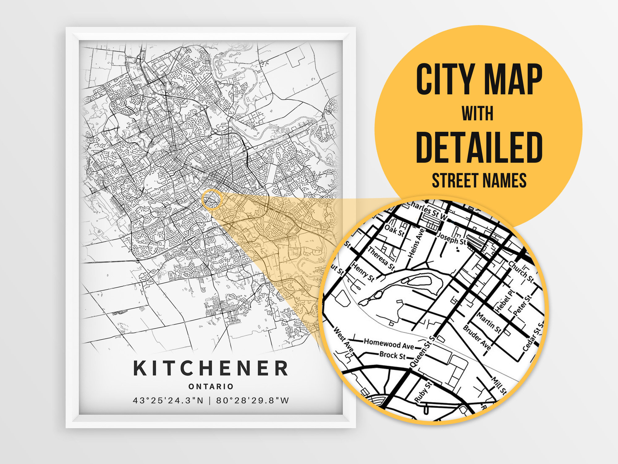 Printable Map of Kitchener Ontario Canada With Street Names Etsy