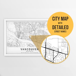 Carte imprimable de Vancouver, Washington, États-Unis avec noms de rues - Téléchargement instantané \ Plan de la ville \ Cadeau de voyage \ Affiche de la ville \ Impression de carte routière