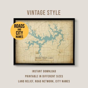 Mark Twain Lake Vintage Style Map, Printable Missouri Lake House Poster (Instant Download)