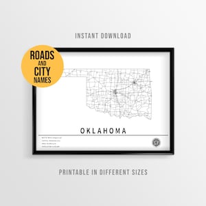 Póster del mapa de Oklahoma, mapa de carreteras de EE. UU. imprimible con nombres de ciudades (descarga instantánea)