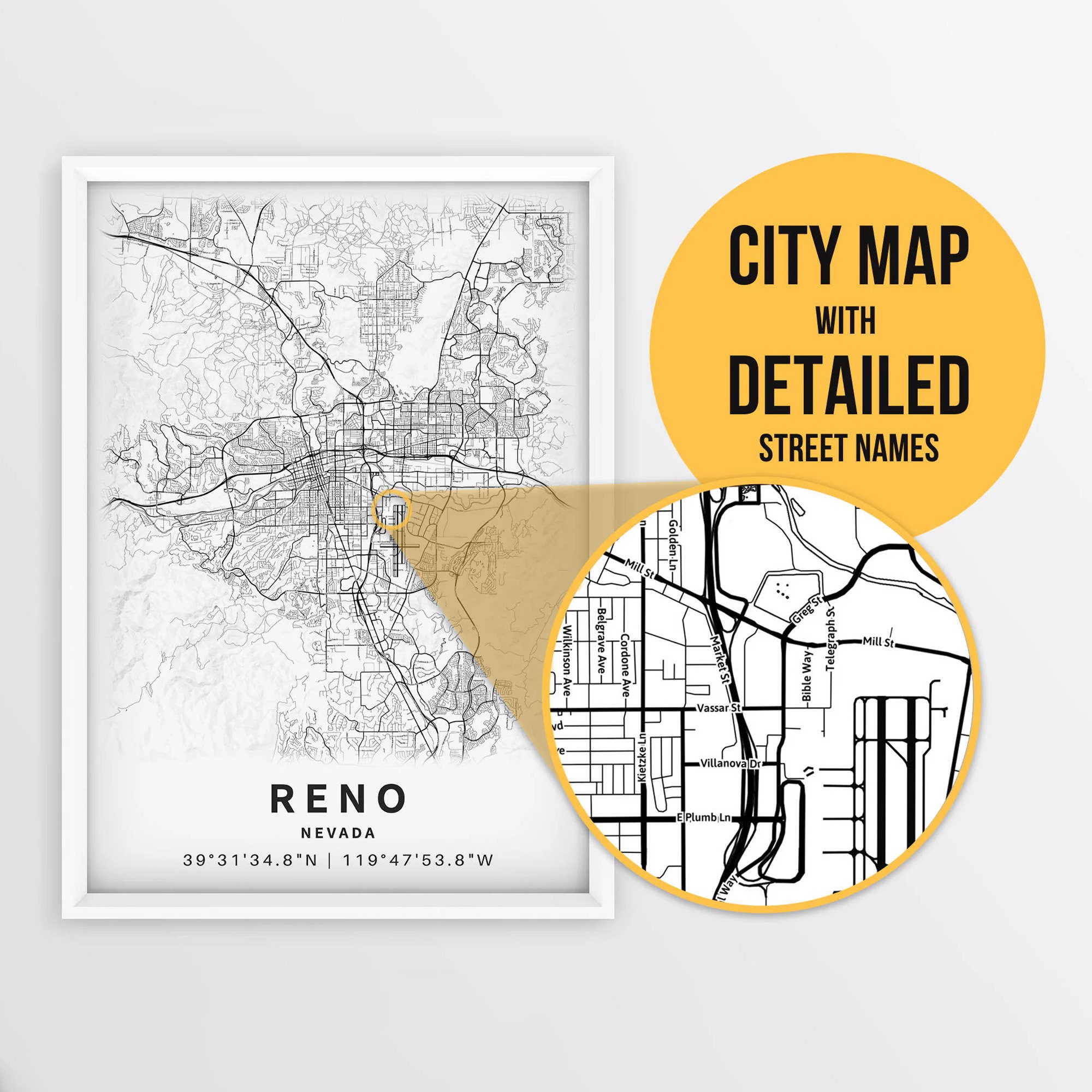 Printable Map of Reno, Nevada, USA With Street Names - Instant Download ...