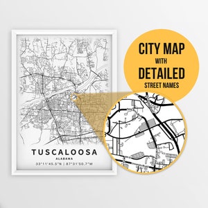 Druckbare Karte von Tuscaloosa, Alabama, USA mit Straßennamen - Instant Download ~ Karte ~ ~ Stadt Poster ~ Strassenkarte Print