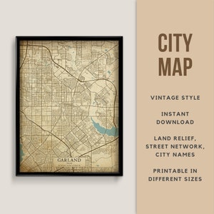 Printable Vintage Style Map of Garland, Texas, United States - Instant Download \ Street Map \ Map Poster \ Antique Style \ Map Print