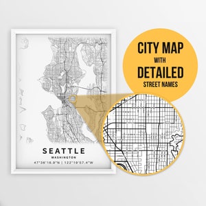 Afdrukbare kaart van Seattle, Washington, VS met straatnamen - Instant Download \ Stadsplattegrond \ Reiscadeau \ Stadsposter \ Routekaart afdrukken