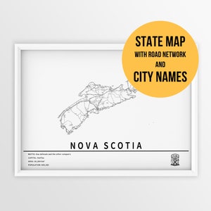 Printable Map of province Nova Scotia, Canada with city names - Instant Download \ State Map \ Map Art \ Push Pin Map \ Travel Planner