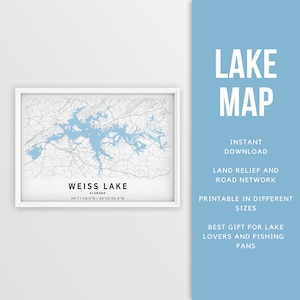 Afdrukbare kaart van Weiss Lake, Alabama, VS - Instant Download \ Lake Map \ Map Poster \ Lake House Decor \ LakeLife \ Fishing \ Varen
