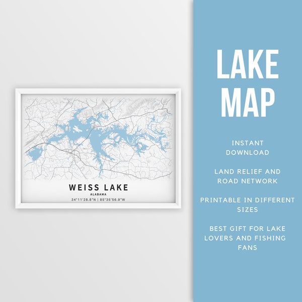 Printable Map of Weiss Lake, Alabama, US - Instant Download \ Lake Map \ Map Poster \ Lake House Decor \ LakeLife \ Fishing \ Boating