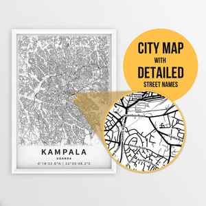 Printable Map of Kampala, Uganda with Street Names - Instant Download \ City Map \ Travel Gift \ City Poster \ Road Map Print \ Wall Art