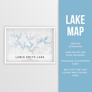 Mappa stampabile del lago Lewis Smith, Alabama, Stati Uniti - Download istantaneo \ Mappa del lago \ Poster della mappa \ Arredamento della casa sul lago \ LakeLife \ Pesca \ Canottaggio