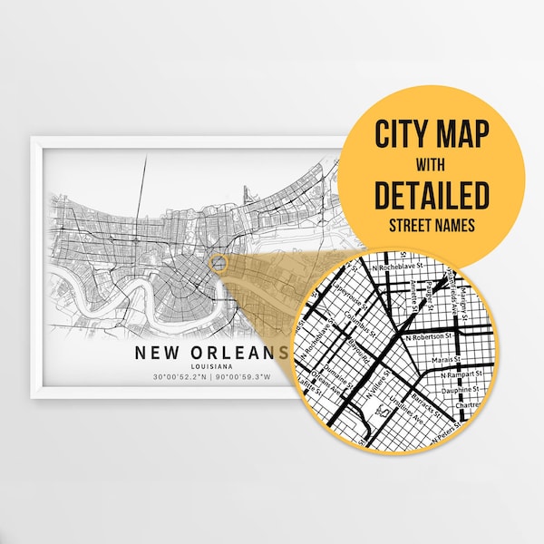 Printable Map of New Orleans, Louisiana, USA with Street Names - Instant Download \ City Map \ Travel Gift \ City Poster \ Road Map Print