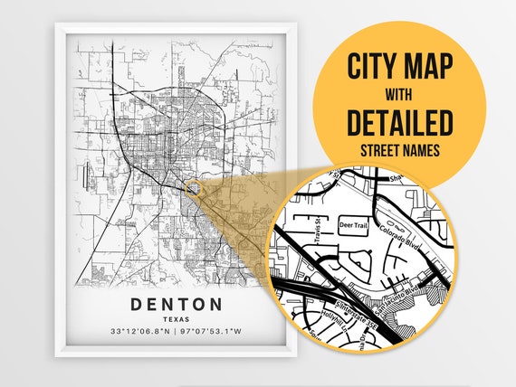Printable Map of Denton TX Texas United States With Street | Etsy