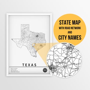 Mapa para impressão do Texas, EUA com nomes de cidades e estradas - Download instantâneo \ Mapa do estado \ Arte do mapa \ Mapa de alfinetes \ Planejador de viagens \ Presente do Texas