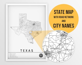 Printable Map of Texas, USA with city names and roads - Instant Download \ State Map \ Map Art \ Push Pin Map \ Travel Planner \ Texas Gift