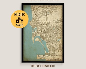 San Diego, California Vintage Style Map, Printable America's Finest City Poster (Instant Download)