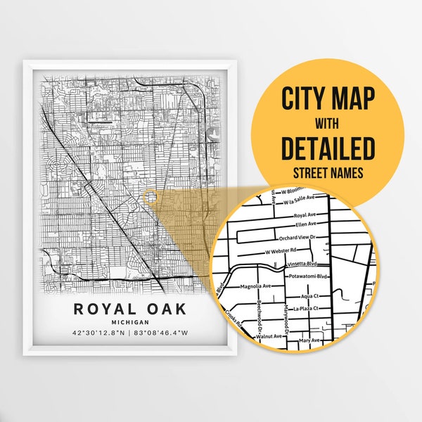 Printable Map of Royal Oak, Michigan, USA with Street Names - Instant Download \ City Map \ Travel Gift \ City Poster \ Road Map Print