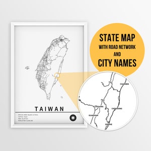 Carte imprimable de Taïwan avec les noms des villes et des routes - Téléchargement immédiat \ Carte du pays \ Art de la carte \ Carte à épingles \ Planificateur de voyage \ Cadeau de Taïwan
