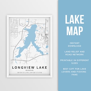 Mappa stampabile del lago Longview, Missouri, Stati Uniti - Download istantaneo \ Mappa del lago \ Poster della mappa \ Arredamento della casa sul lago \ LakeLife \ Pesca \ Canottaggio