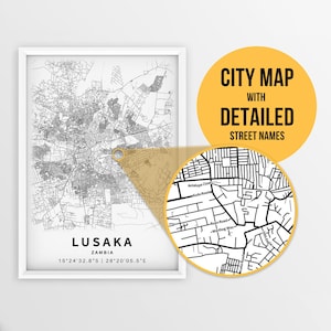 Printable Map of Lusaka, Zambia with Street Names - Instant Download \ City Map \ Travel Gift \ City Poster \ Road Map Print \ Street Map