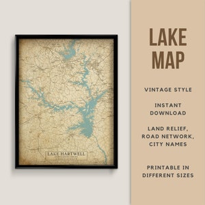 Mappa in stile vintage del lago Hartwell, Georgia e Carolina del Sud, Stati Uniti con nomi di città - Download istantaneo \ Mappa del lago \ Arte della parete \ Stampa mappa