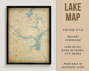 Vintage Style Map of Lake Hartwell, Georgia and South Carolina, USA with City Names - Instant Download \ Lake Map \ Wall Art \ Map Print