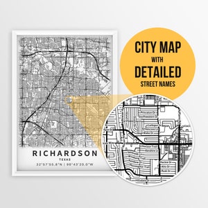 Richardson, Texas, USA Karte mit Strassennamen zum Downloaden ~ Karte ~ ~ Stadt Karte ~ ~ Stadt Poster ~ Strassen Karte Print