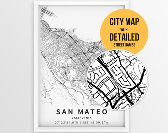 San Mateo California Map with Street Names, Printable San Mateo City Poster (Instant Download)