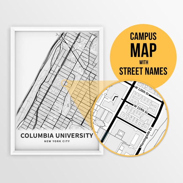 Carte imprimable de l'Université de Columbia, New York avec les noms de rue - Téléchargement instantané \ Carte du campus \ Décor du collège \ Cadeau de fin d'études