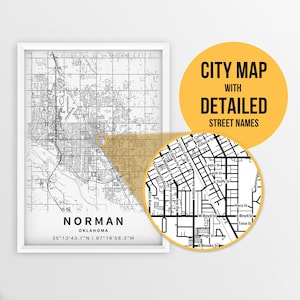 Druckbare Karte von Norman, Oklahoma, USA mit Straßennamen - Sofort Download \ City Map \ Travel Gift \ City Poster \ Road Map Print