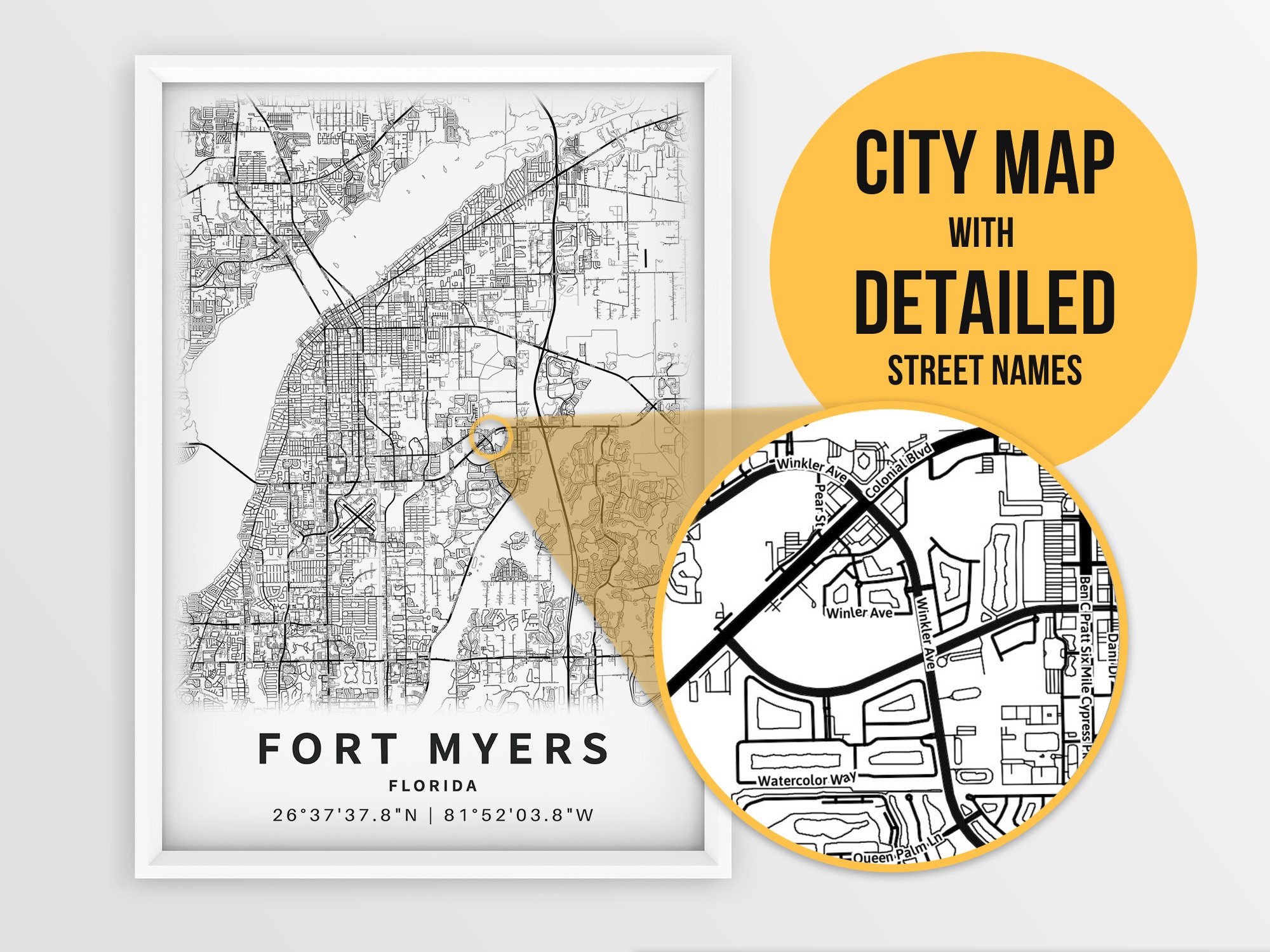 Printable Map of Fort Myers FL Ft. Myers Florida With Street - Etsy