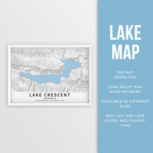 Afdrukbare kaart van Lake Crescent, Washington, VS - Instant Download \ Lake Map \ Map Poster \ Lake House Decor \ LakeLife \ Fishing \ Varen