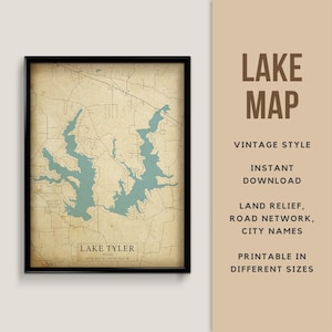 Mapa de estilo vintage imprimible del lago Tyler, Texas, EE. UU. - Descarga instantánea \ Mapa del lago \ Arte de la pared \ Mapa del lago \ Arte rústico \ Decoración de la casa del lago