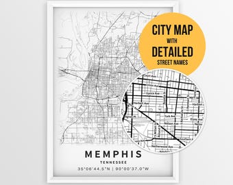 Memphis Tennessee Map with Street Names, Printable Memphis City Poster (Instant Download)