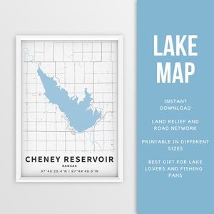 Mapa imprimible del embalse de Cheney, Kansas, EE. UU. - Descarga instantánea \ Mapa del lago \ Cartel del mapa \ Decoración de la casa del lago \ LakeLife \ Pesca \ Paseos en bote