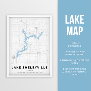 Druckbare Karte von Lake Shelbyville, Illinois, USA - Sofort Download \ Lake Karte \ Map Poster \ Lake House Decor \ LakeLife \ Angeln \ Bootfahren