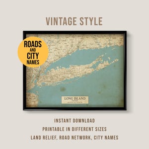 Carte de style vintage de Long Island, New York, affiche de la ville imprimable (téléchargement instantané)