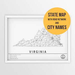 Mapa para impressão da Virgínia, Estados Unidos com nomes de cidades e estradas - Download instantâneo \ Mapa do estado \ Arte do mapa \ Mapa de alfinetes \ Planejador de viagens