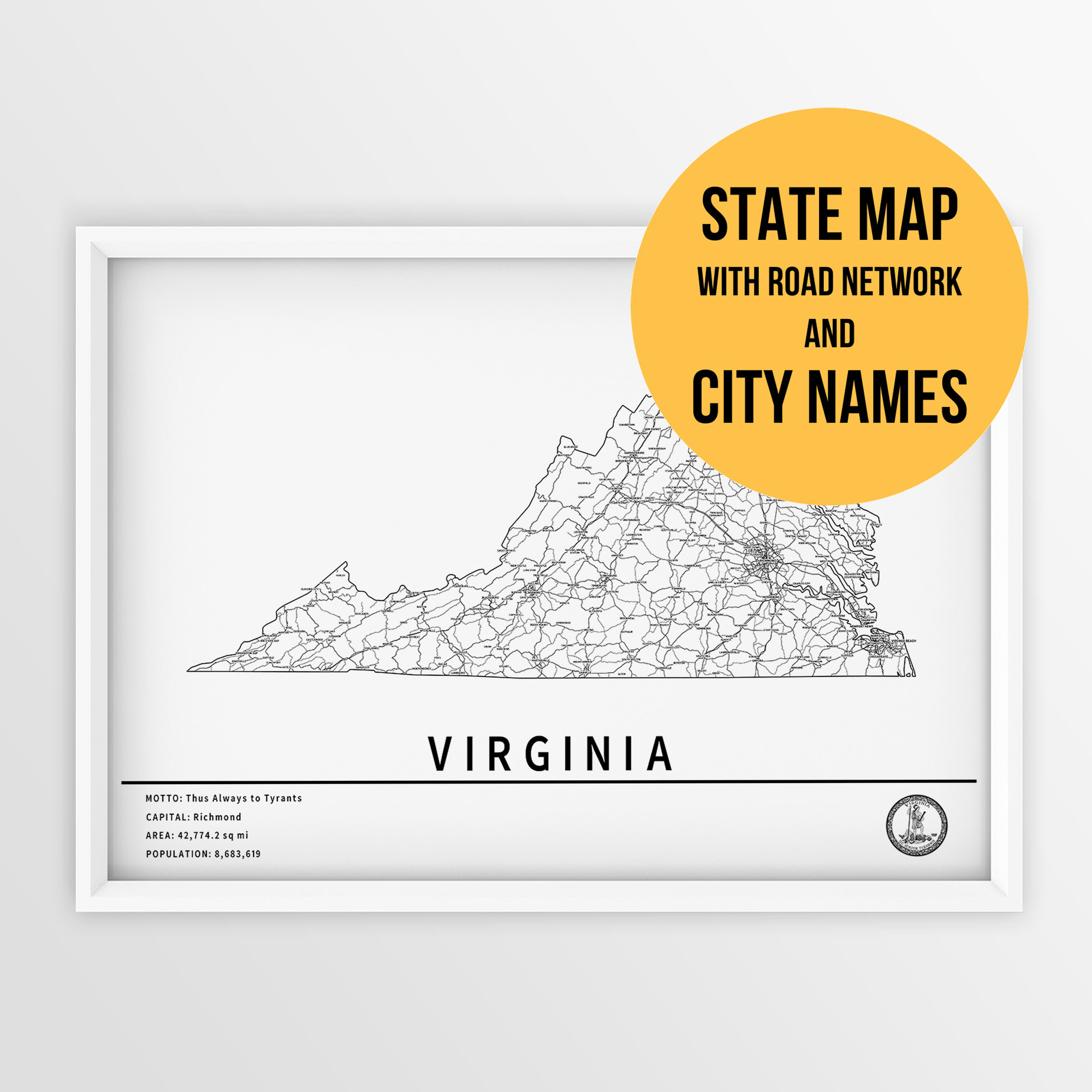 Printable Map of Virginia, United States with city names and roads - Instant Download \ State Map \ Map Art \ Push Pin Map \ Travel Planner