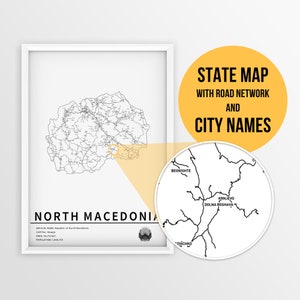 Nordmazedonien Karte mit Städtenamen und Straßen - Sofort Download Karte Poster "Karte Poster ""Karte"""