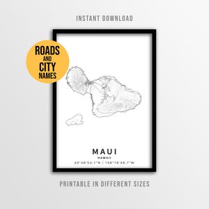 マウイ島の地図ポスター、都市名入りハワイ道路地図（印刷可能、即時ダウンロード）