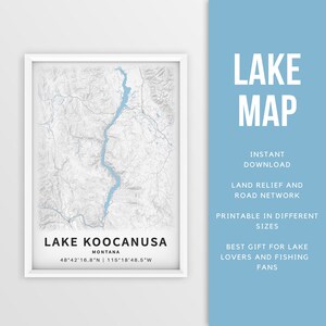 Mapa imprimible del lago Koocanusa, Montana, EE. UU. - Descarga instantánea \ Mapa del lago \ Cartel del mapa \ Decoración de la casa del lago \ LakeLife \ Pesca \ Paseos en bote