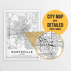 Mapa para impressão de Huntsville, Alabama, EUA com nomes de ruas - download instantâneo \ Mapa da cidade \ Presente de viagem \ Cartaz da cidade \ Impressão de mapa de estradas