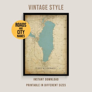 Lake Winnebago Vintage Style Map, Printable Wisconsin Lake House Poster (Instant Download)