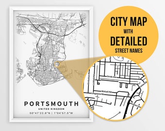 Printable Map of Portsmouth, Hampshire, United Kingdom with Street Names - Instant Download \ City Map \ Travel Gift \ City Poster