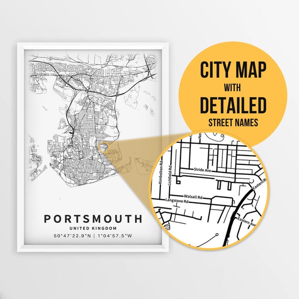 Printable Map of Portsmouth, Hampshire, United Kingdom with Street Names - Instant Download \ City Map \ Travel Gift \ City Poster