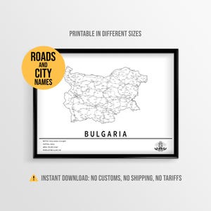 Bulgaria Map Poster, Printable Bulgarian Country Road Map with City Names (Instant Download)
