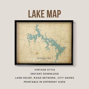 Mapa de estilo antiguo del lago Skiatook, Oklahoma, EE. UU., con nombres de ciudades - Descarga instantánea \ Mapa del lago \ Arte mural \ Póster de mapas \ Mapa rústico