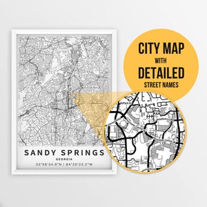 Carte imprimable de Sandy Springs, Géorgie, États-Unis avec les noms des rues - téléchargement immédiat \ plan de la ville \ cadeau de voyage \ affiche de la ville \ impression de carte routière